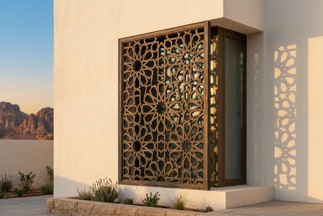 مشربية هندسية برونزية على جدار أبيض يلقي ظلًا منقوشًا عند الغروب