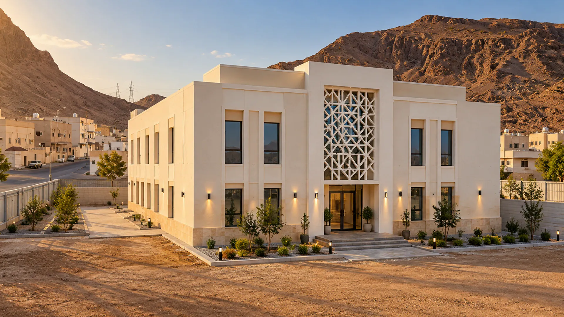 تصور لمبنى مكتمل بواجهة بيضاء ومشربية هندسية وإضاءة خارجية وتنسيق حدائق