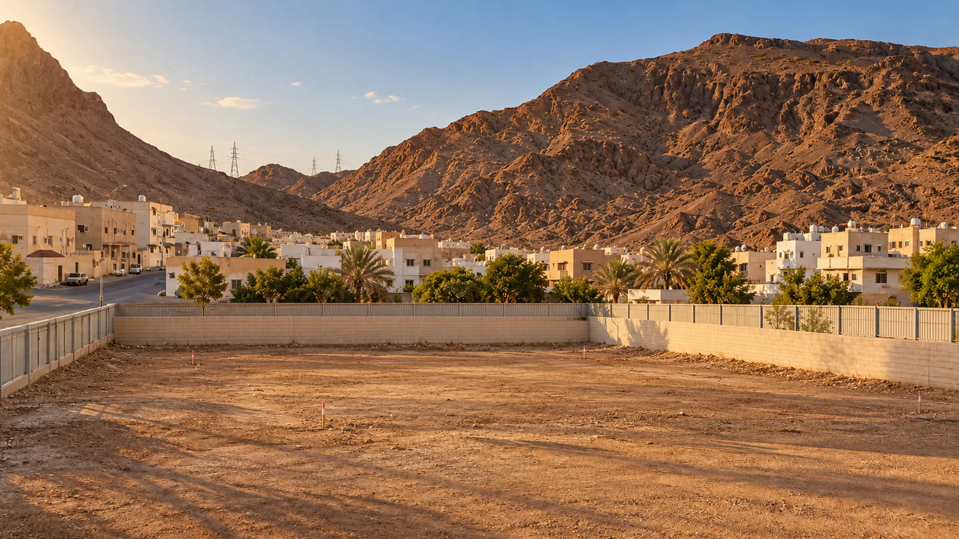 تصور لأرض مستوية مسوّرة قبل بدء البناء، وخلفها بيوت منخفضة وجبال عند الغروب